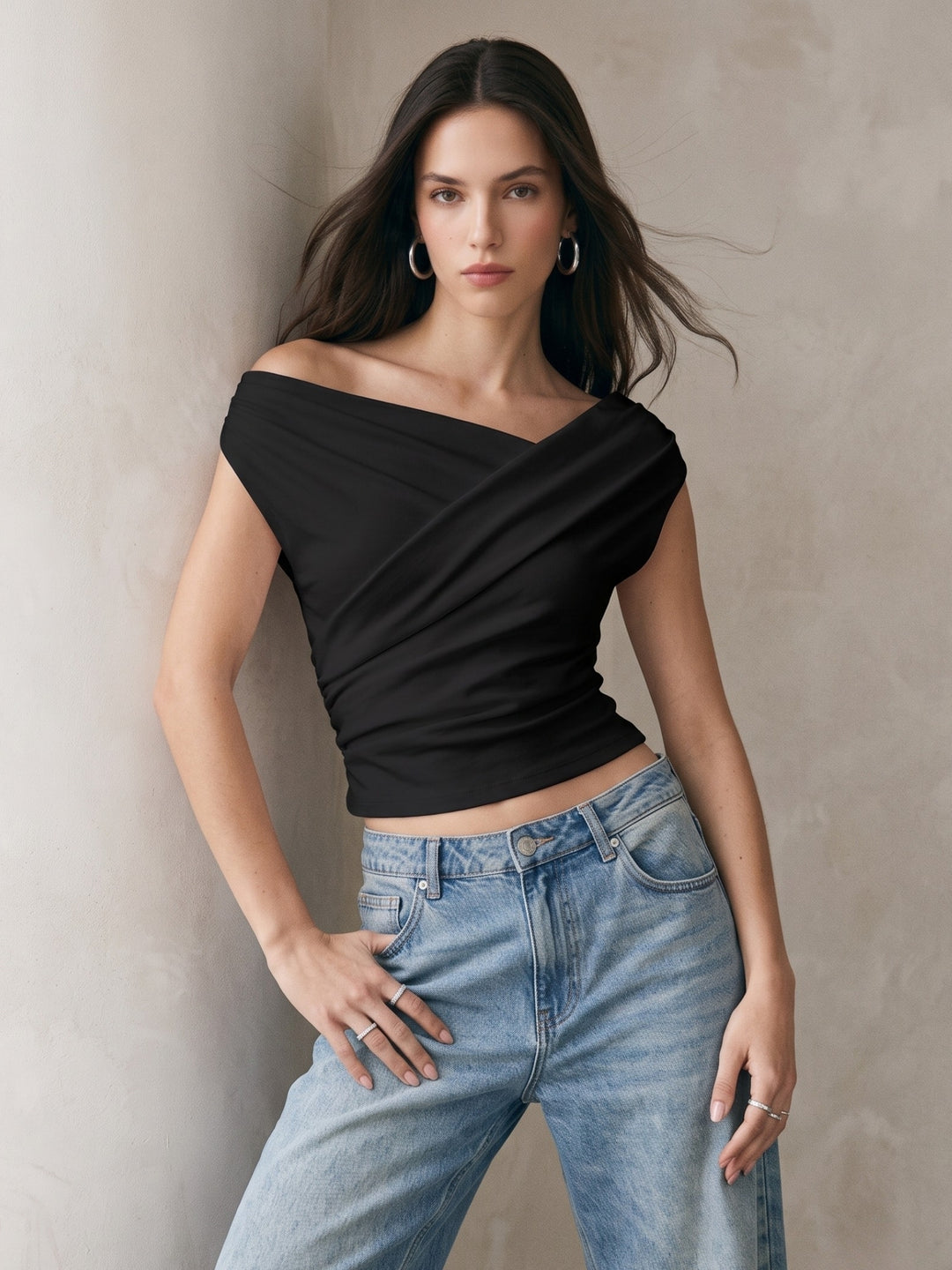 Black One Shoulder Wrap Top