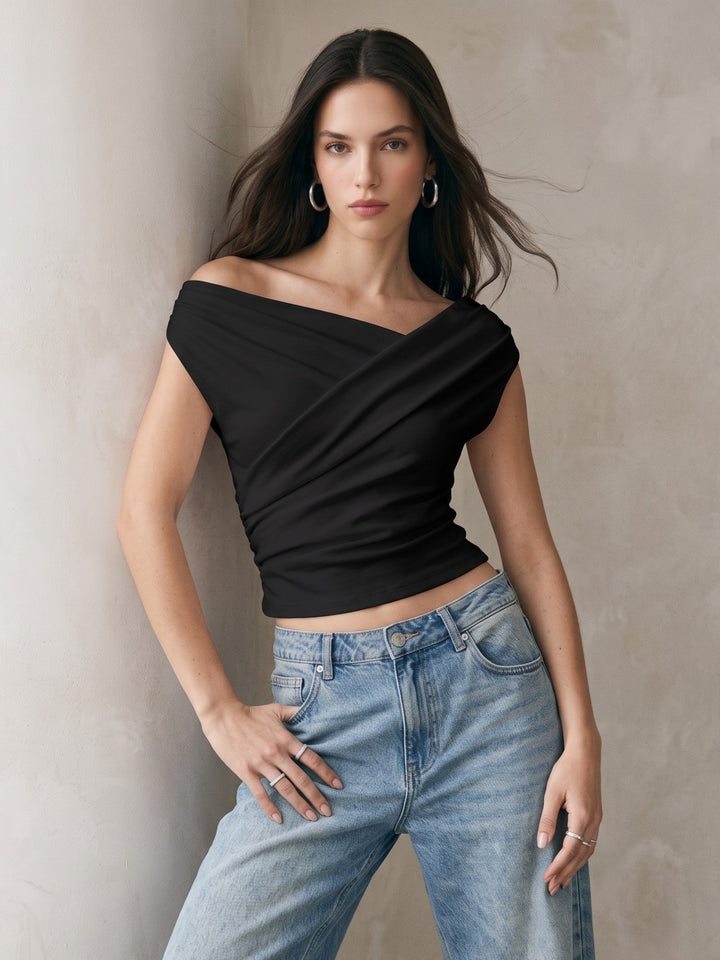Black One Shoulder Wrap Top
