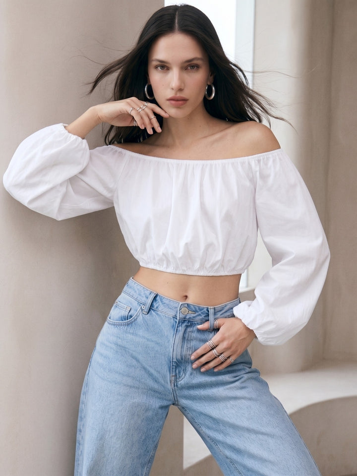 White Bishop Sleeve Off-Shoulder Top