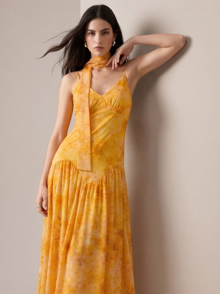 Mustard Printed Drop Waist Dress With Scarf Detail