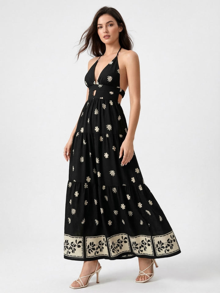 Black Halter Neck Printed Dress
