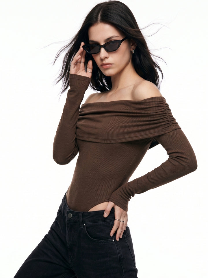 Brown Off-Shoulder Fitted Bodysuit