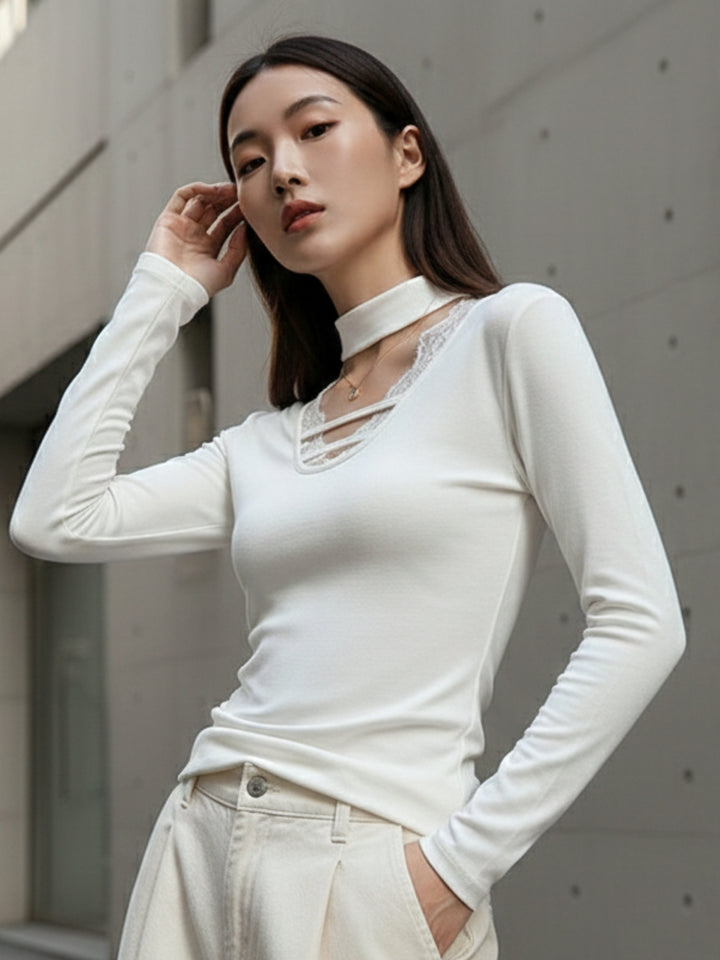 White Full Sleeve Neck Detail Fitted Top
