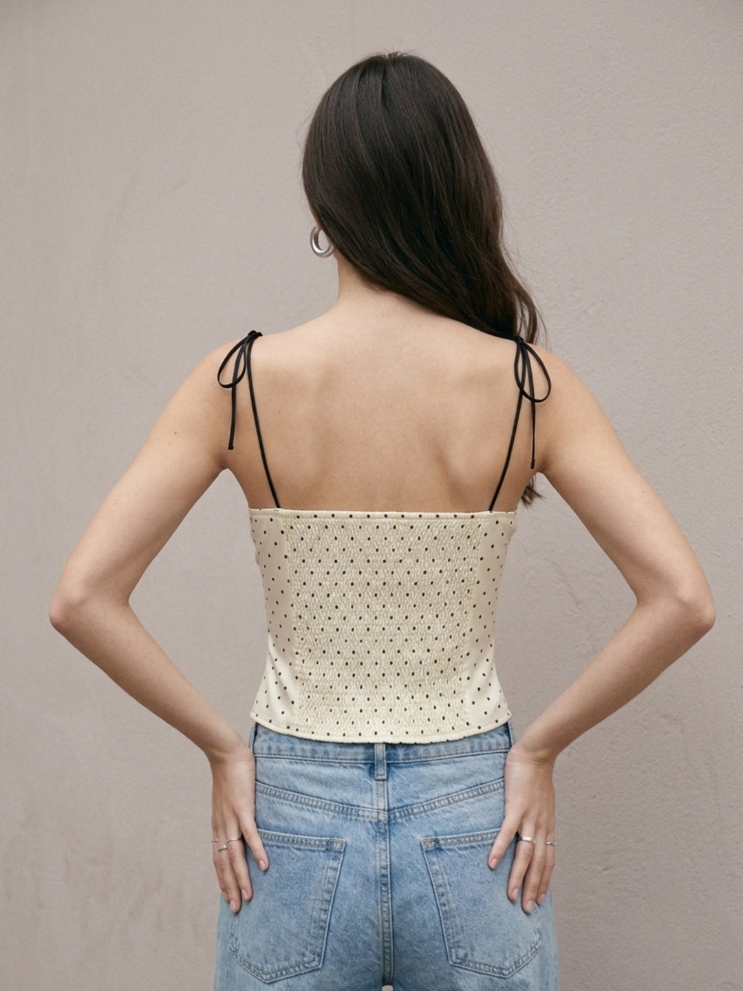 White Polka Dotted Bustier Styled Camisole With Tie Up Starps