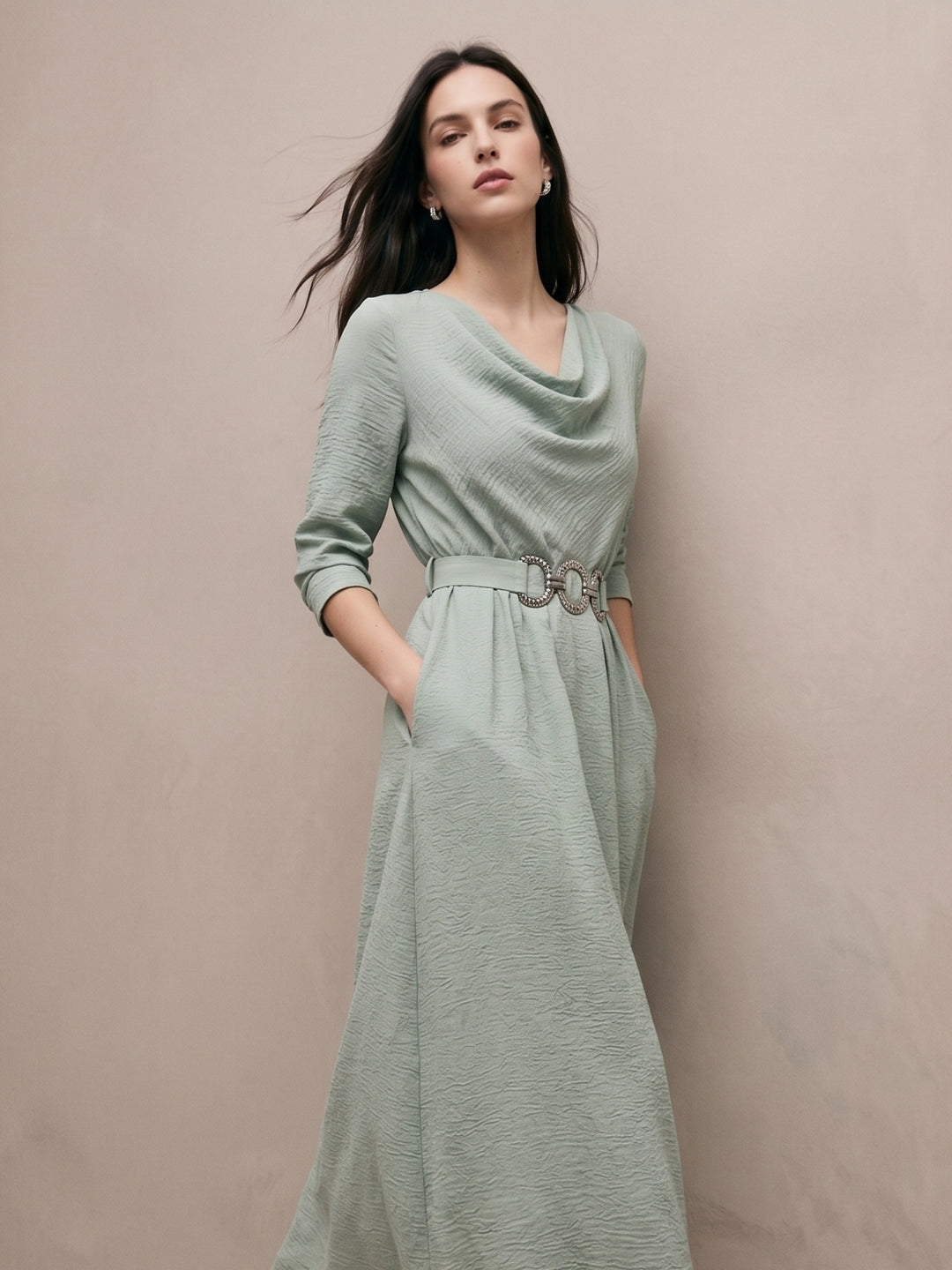 Mint Cowl Neck Dress With Metal Trim Belt Detail