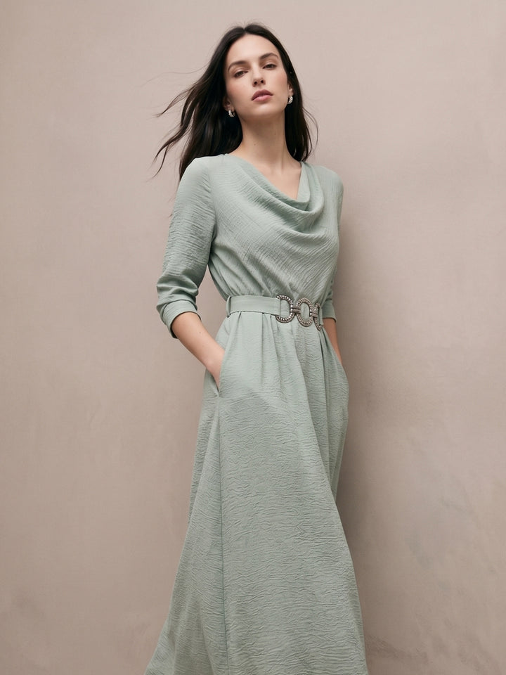 Mint Cowl Neck Dress With Metal Trim Belt Detail