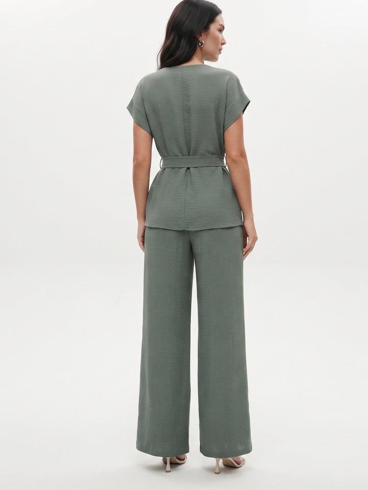 Green Waist Tie-Up Front Buttoned Top And Pant Set