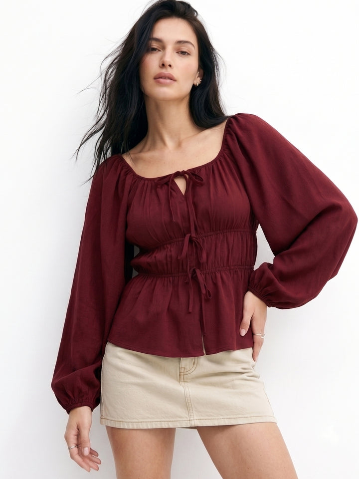 Maroon Regular Fit Square Neckline Long Sleeve Blouse With Bow Tie Detail In Textured Rivera Cerepe Fabric