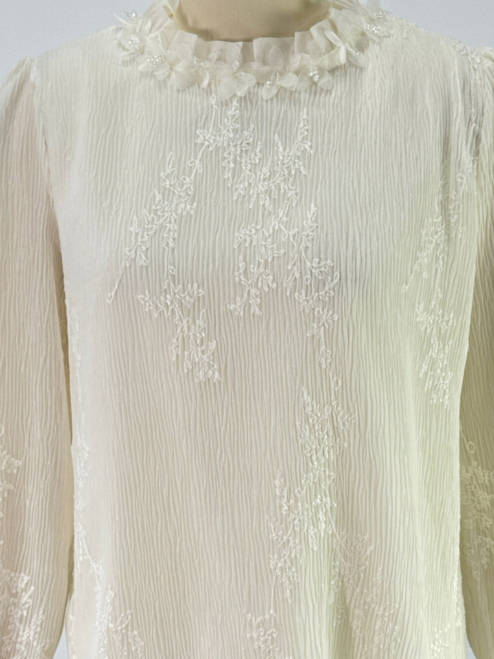 Off White High Neck Floral Lace Top With Sheer Sleeves