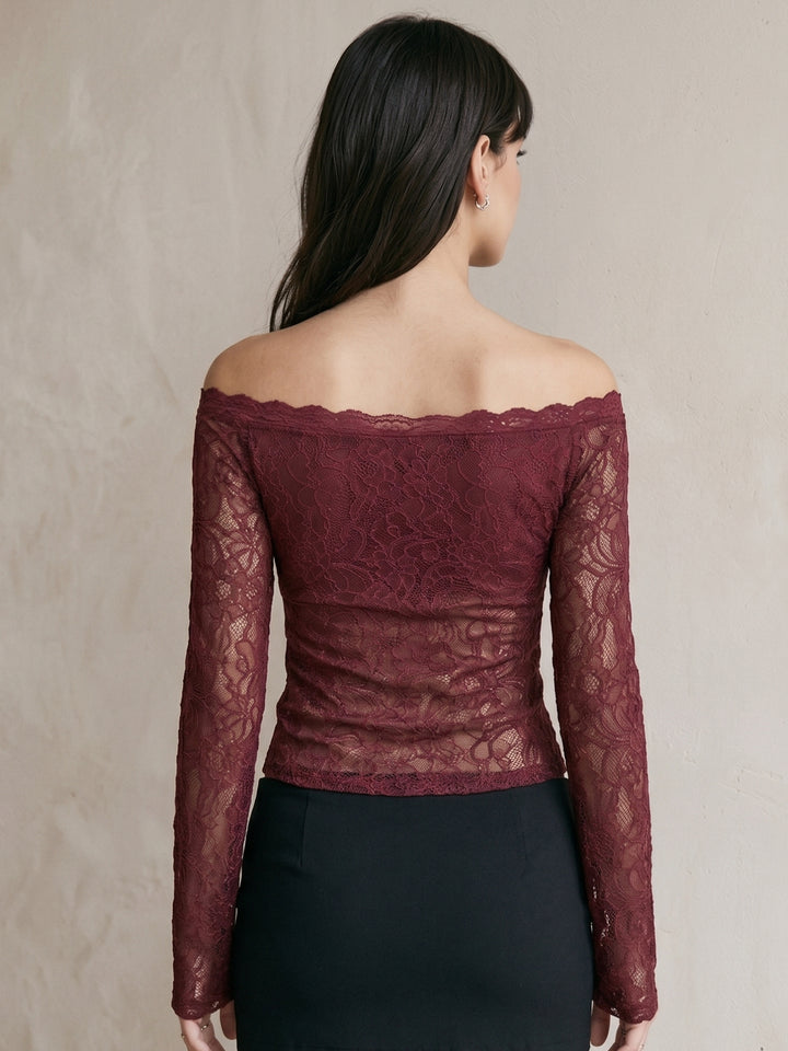 Wine Off Shoulder Mesh Fitted Top