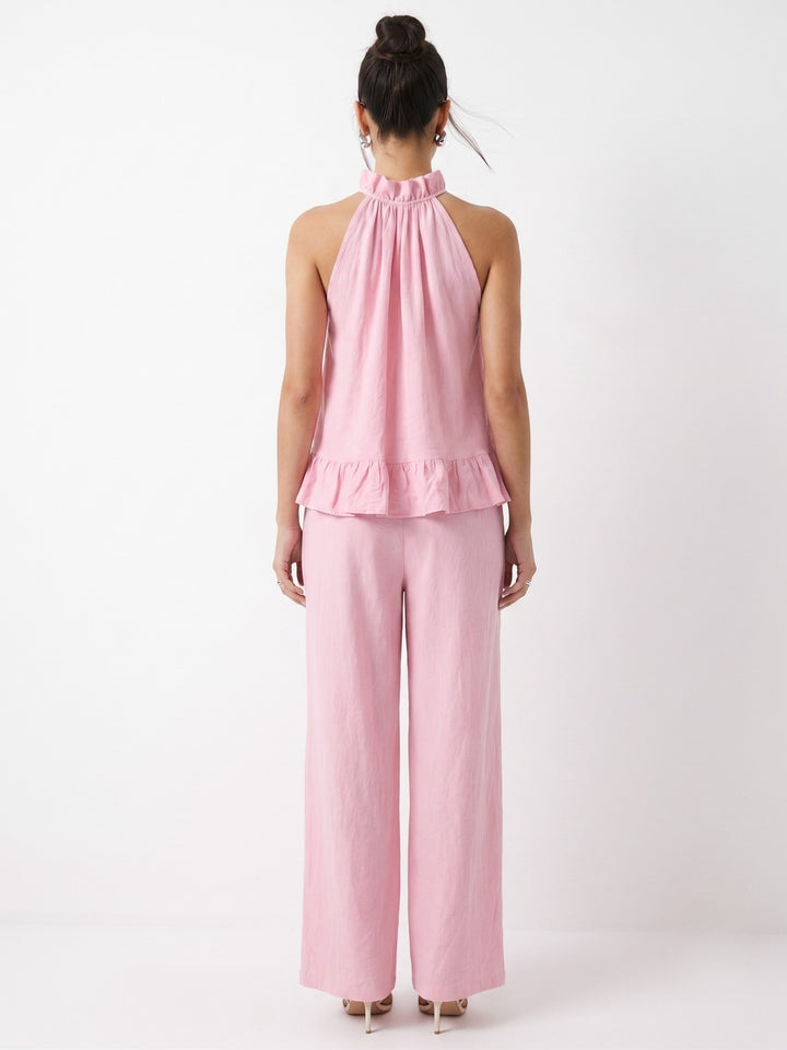 Pink Halter Neck Ruffled Hem Top With Trousers Co-Ord Set