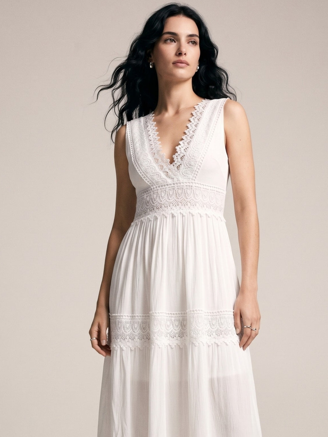 White Plunge Neck Lace Inserts Dress