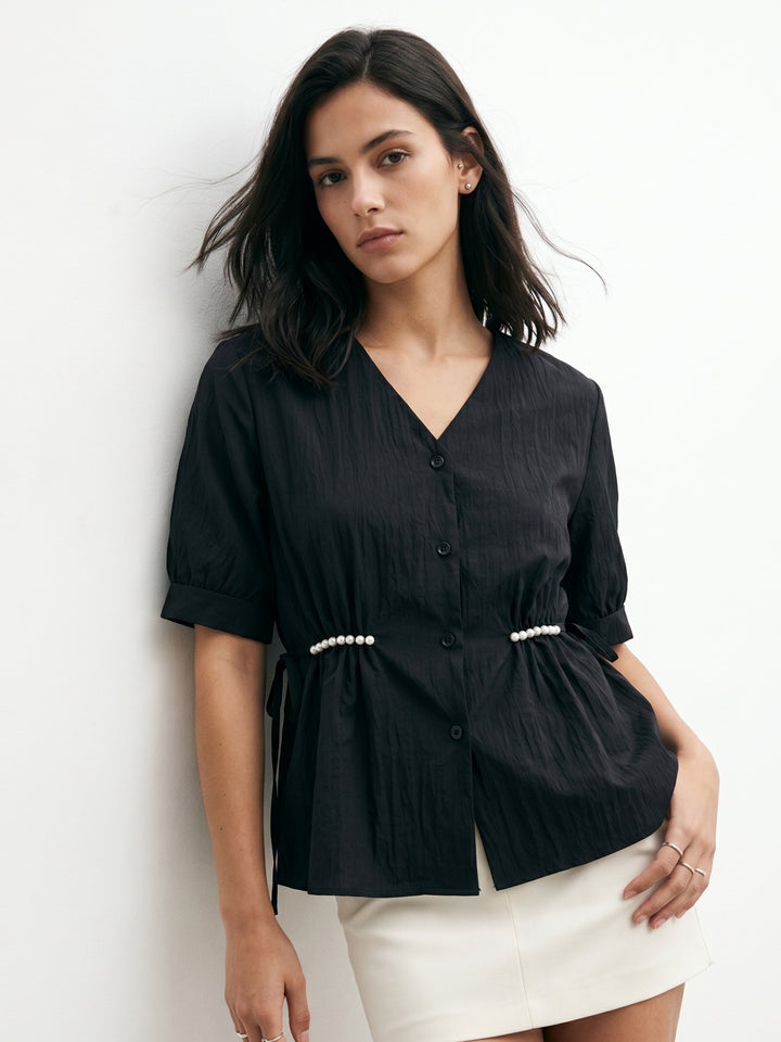 Black Waist Cinched Front Buttoned Top