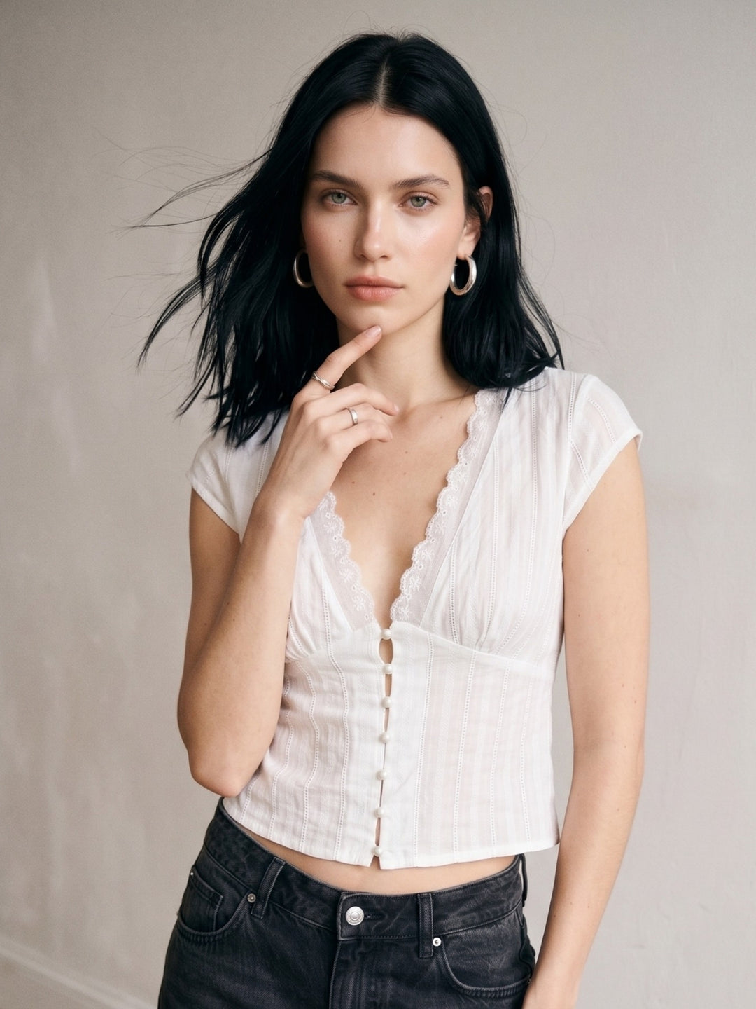 White Button Down Blouse With Lace Inserts On The Neck