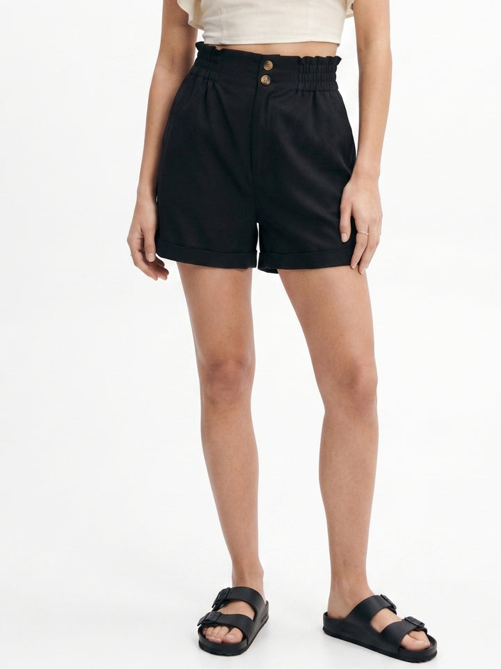 Black 2 Buttoned Paper Bag Shorts