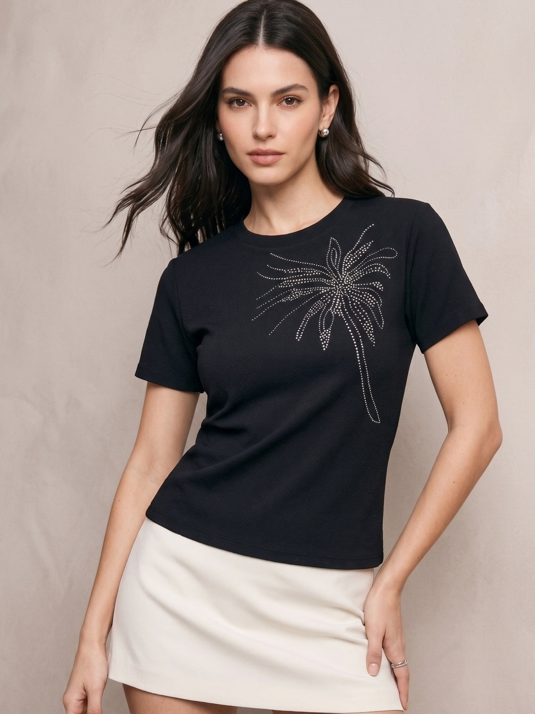 Black Fitted T-Shirt With Floral Embellishments