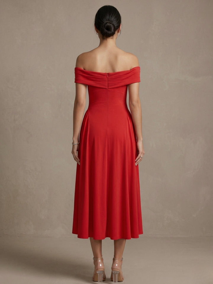 Red Off Shoulder Tailored Flouncy Dress