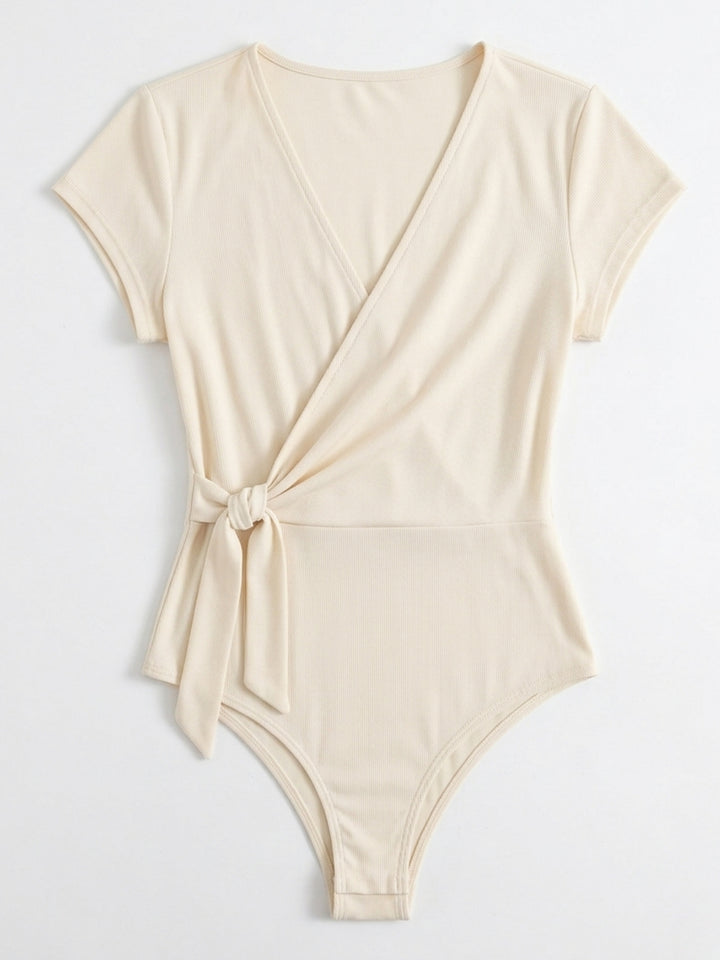 Cream Cap Sleeve V Neck Bodysuits