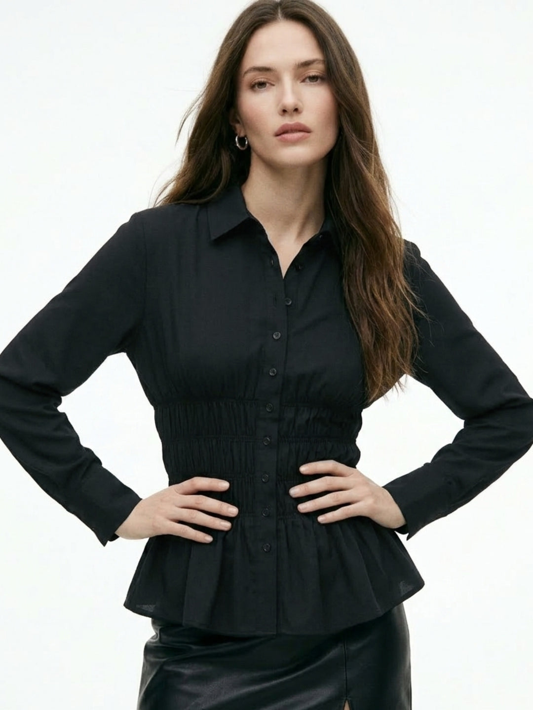 Black Full Sleeve Shirt With Smocking Details At Waist