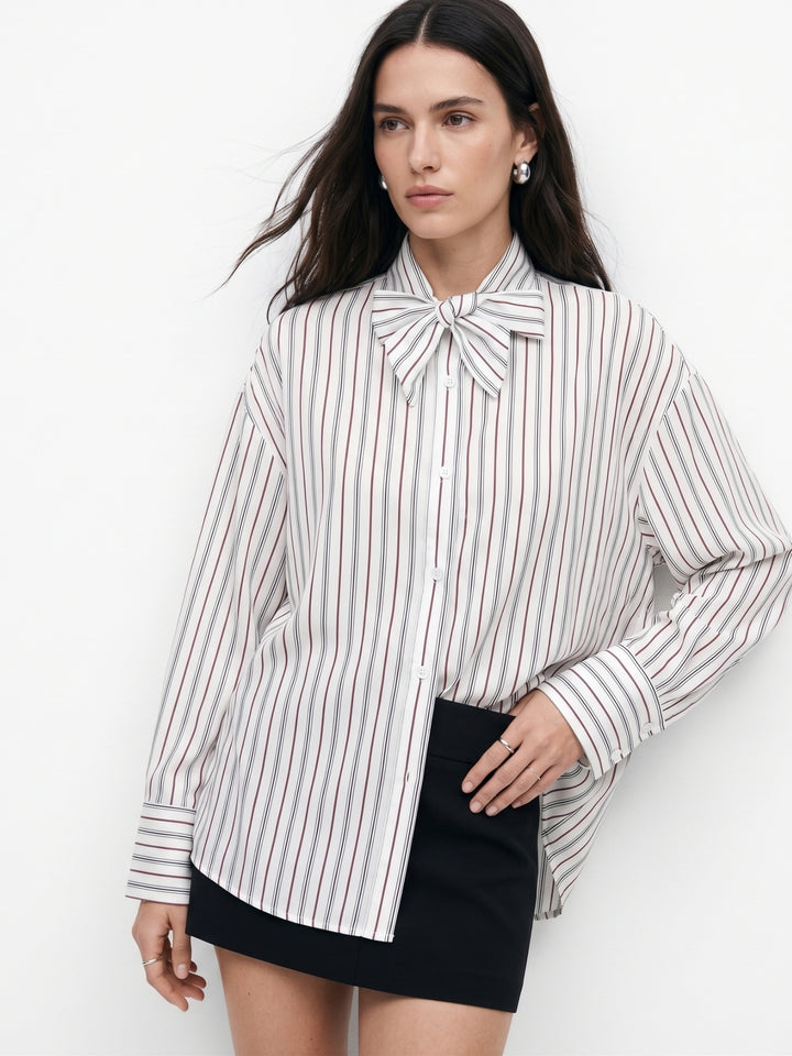 Off White Neck Tie-Up Front Buttoned Striped Shirt