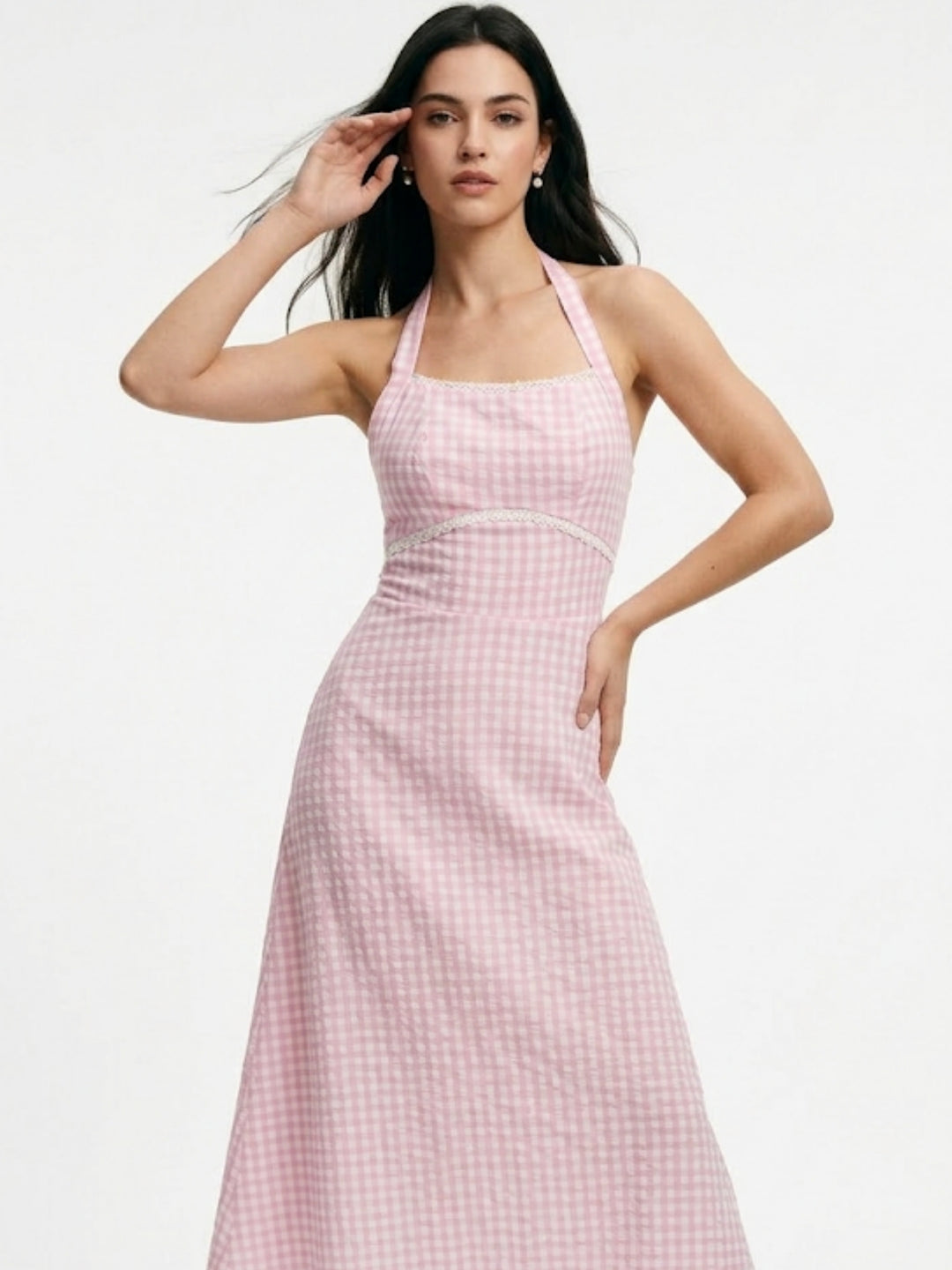 Pink Checkered Square Halter Neck Dress