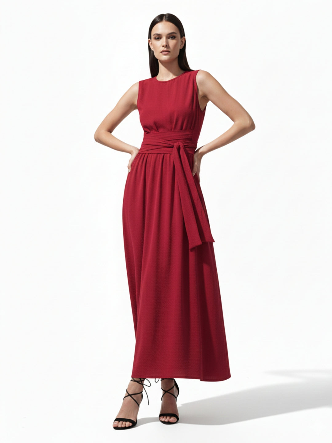 Red High Neck Twisted Tie Up At Waist Detail Dress