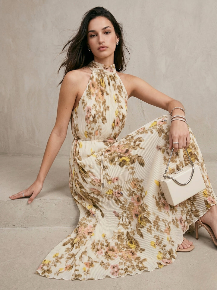 Beige Black Halter Neck Floral Printed Dress