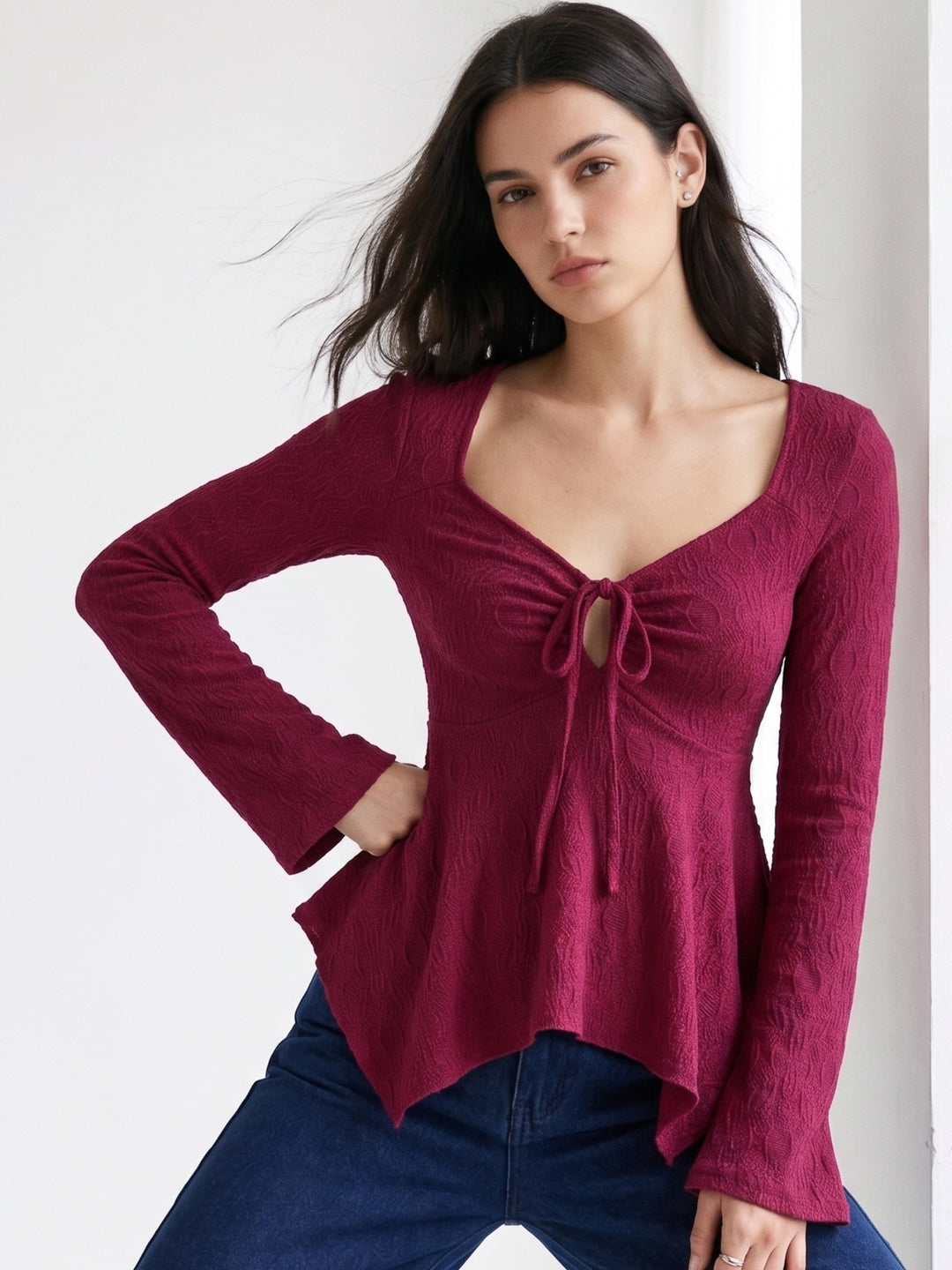Maroon Full Sleeve Front Tie-Up Top