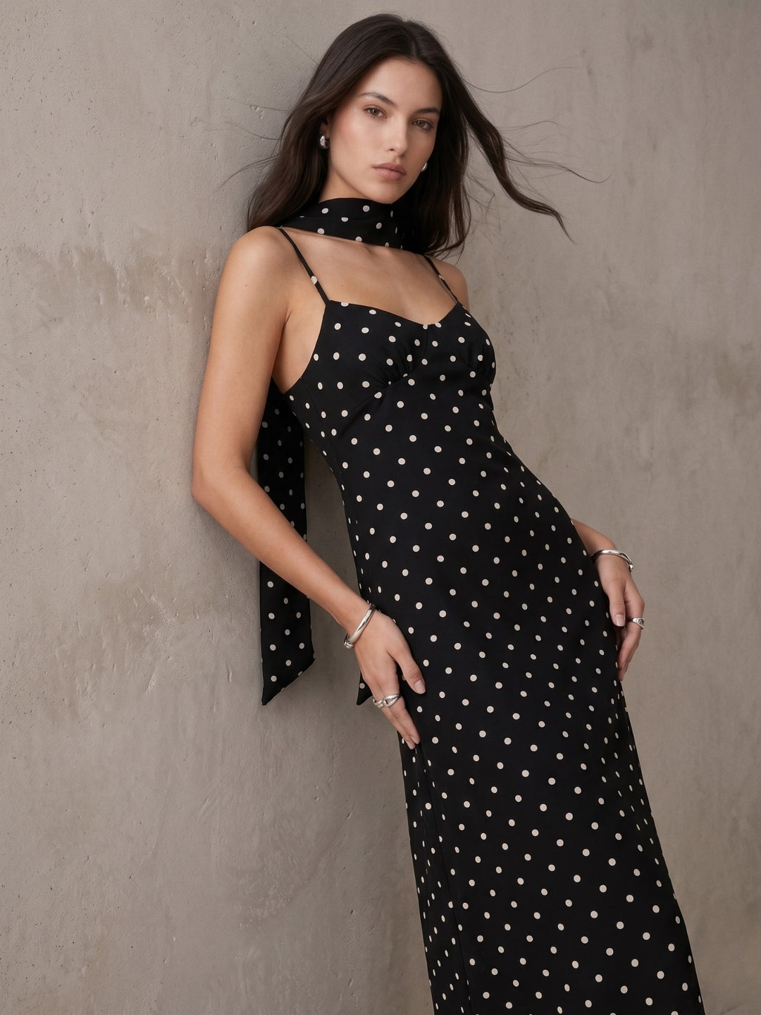 Black Strappy Polka Dotted Dress