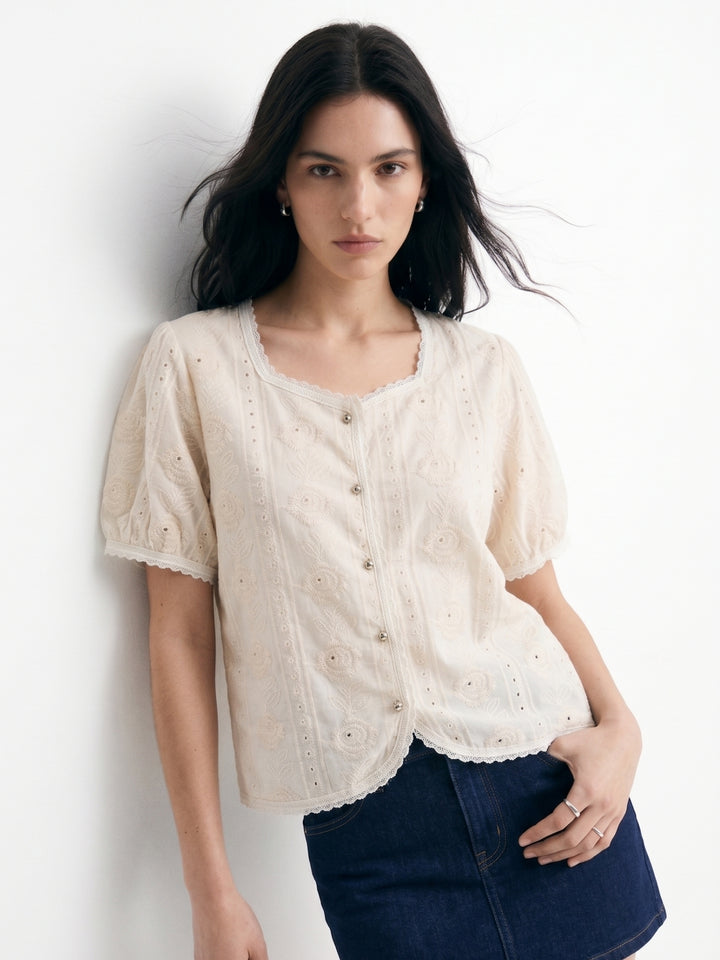 Cream Textured Lace Detail Front Buttoned Top