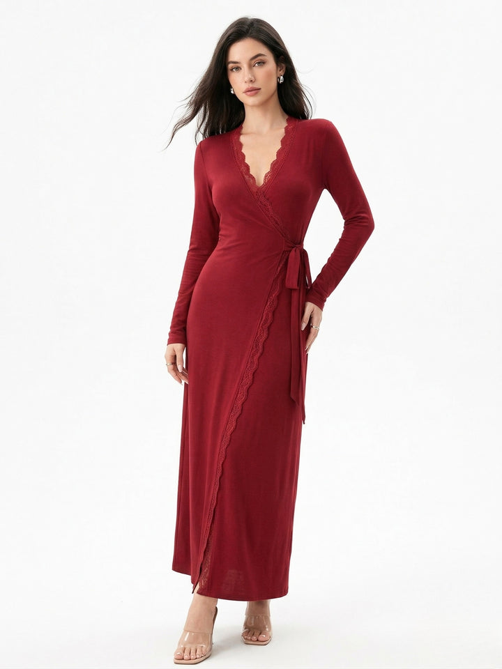 Burgundy Plunge Neck Wrap Dress With Lace Inserts