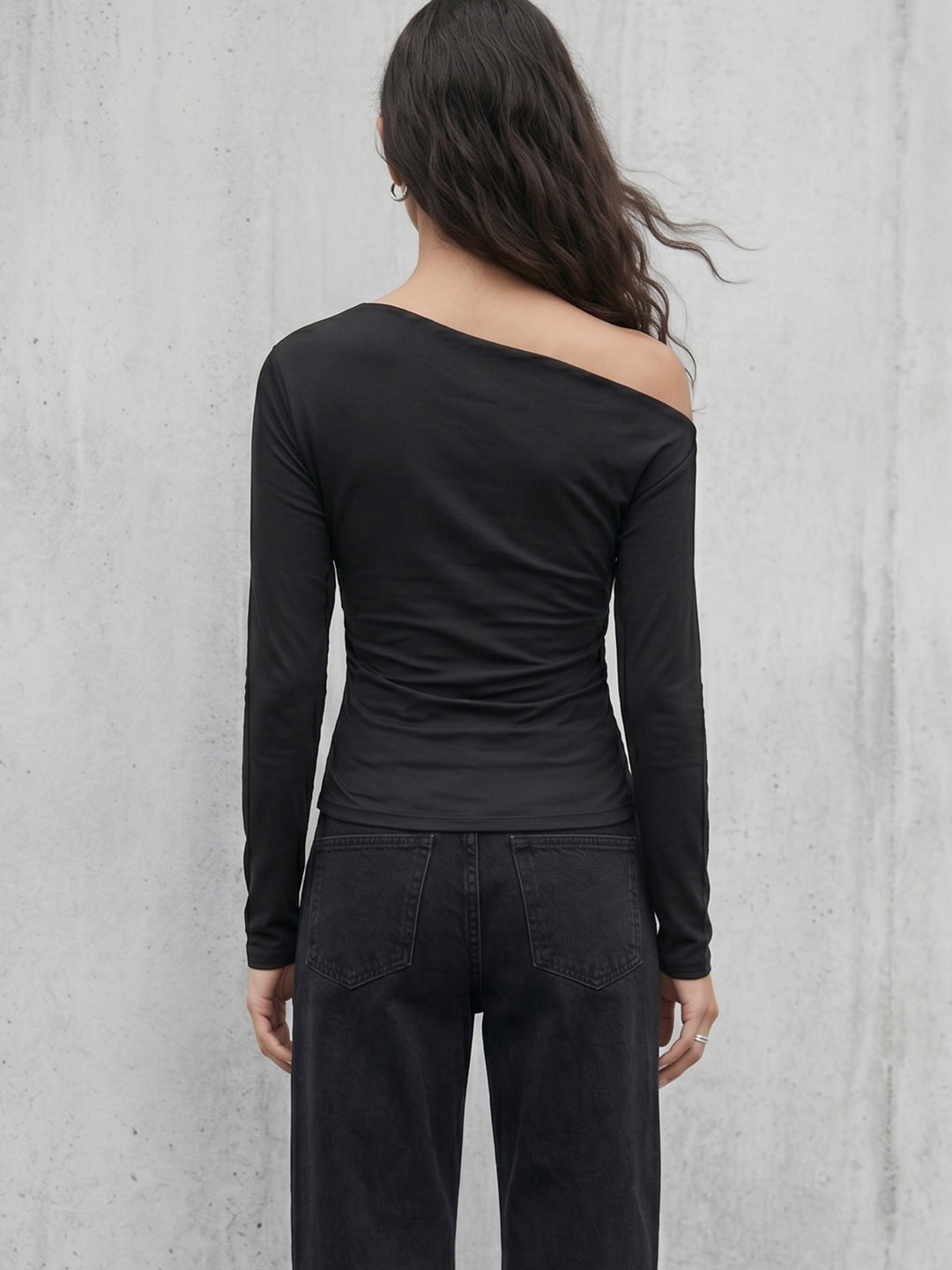 Black One Shoulder Full Sleeves Fitted Top
