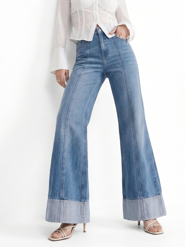 Blue Folded Hem Wide Leg Jeans