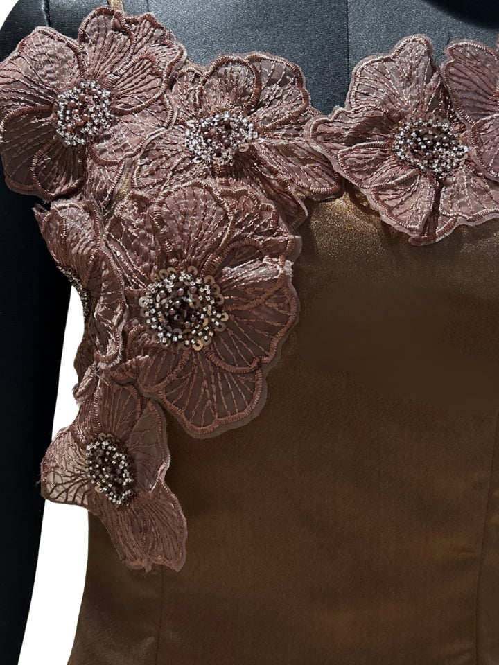 Brown Spaghetti Straps With  3D Floral Embellished Neckline Dress