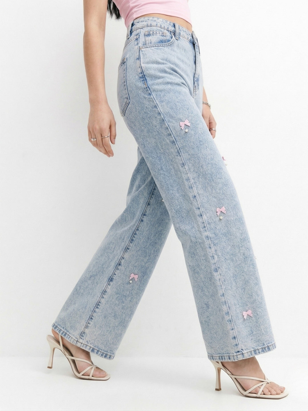 Blue Bow And Studs Detail Denim