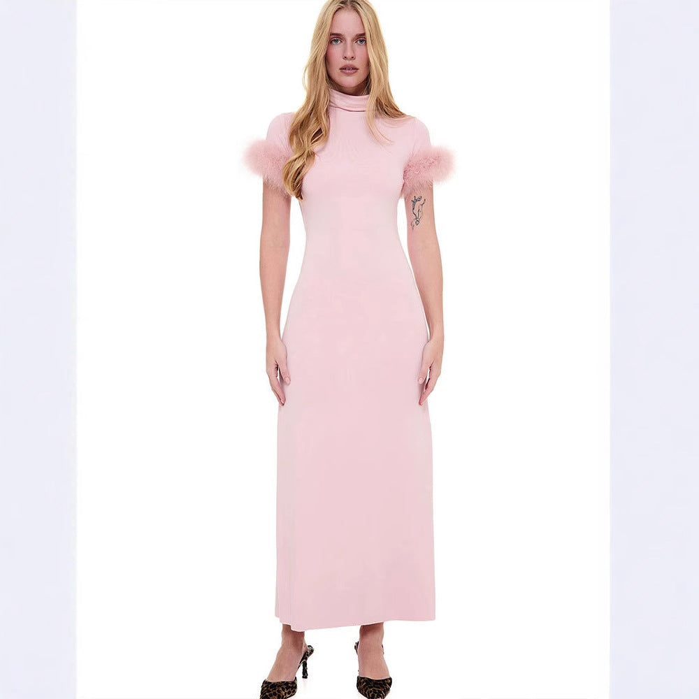 Pink High Neck Bodycon Dress With Fuzzy Sleeves