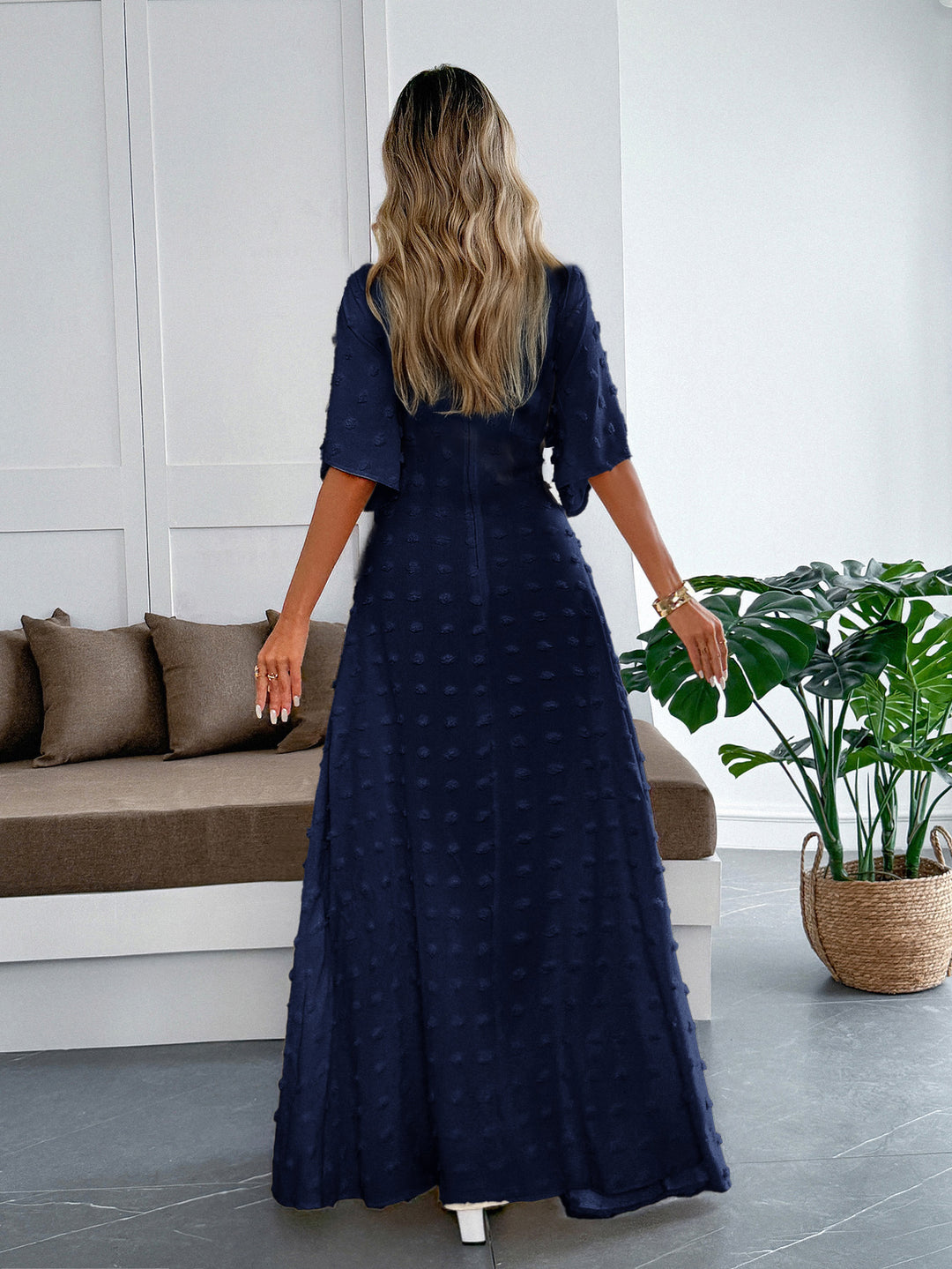 Navy Blue Flare Sleeve V Neck Dress