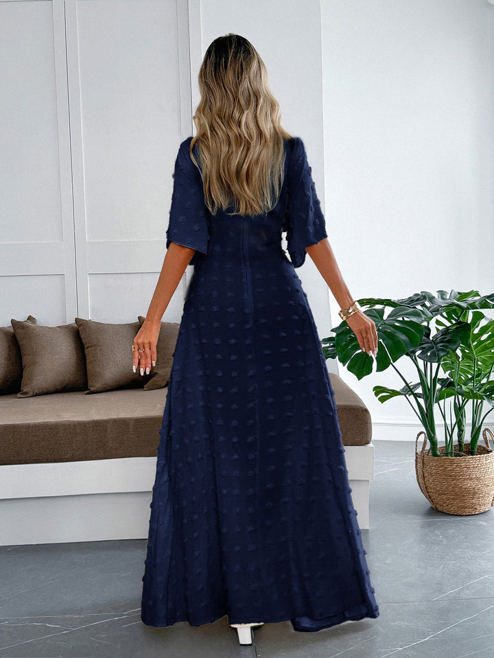 Navy Blue Flare Sleeve V Neck Dress