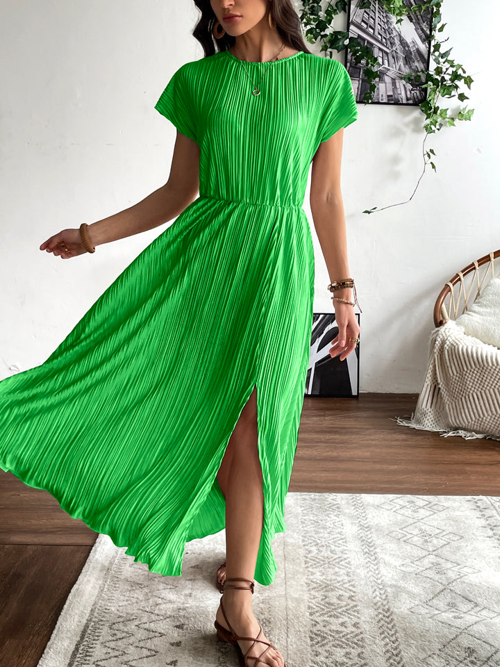 Green Pleated Solid Slit Dress