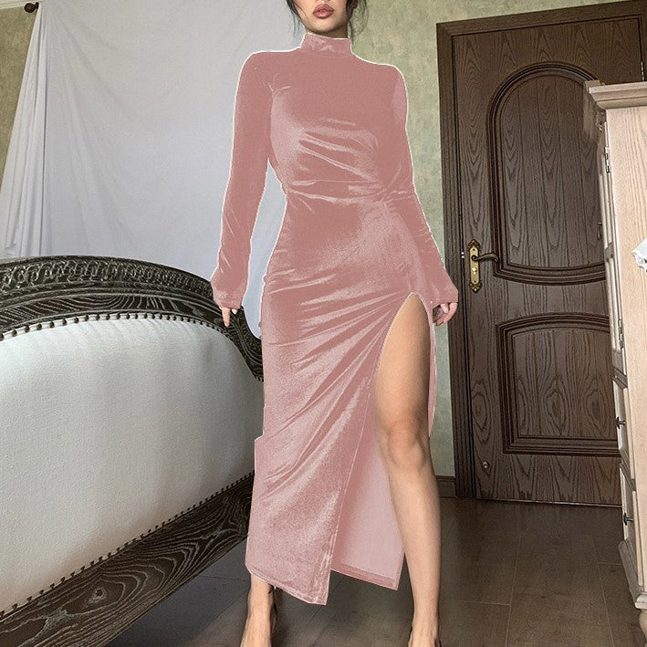 Pink Side Slit High Neck Midi Dress