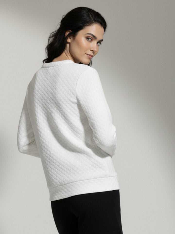 White Textured V Neck Sweatshirt