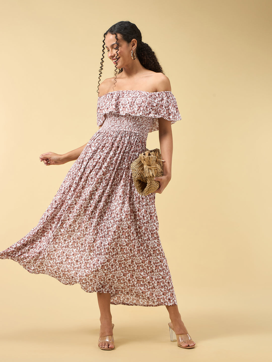 Beige Off Shoulder High Slit Dress