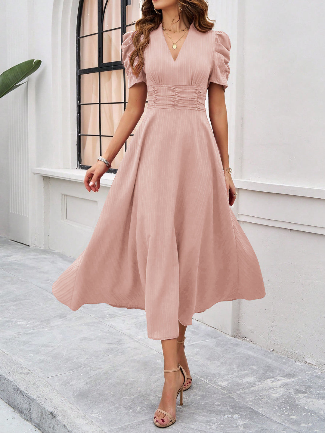 Peach Fit And Flare Midi Dress