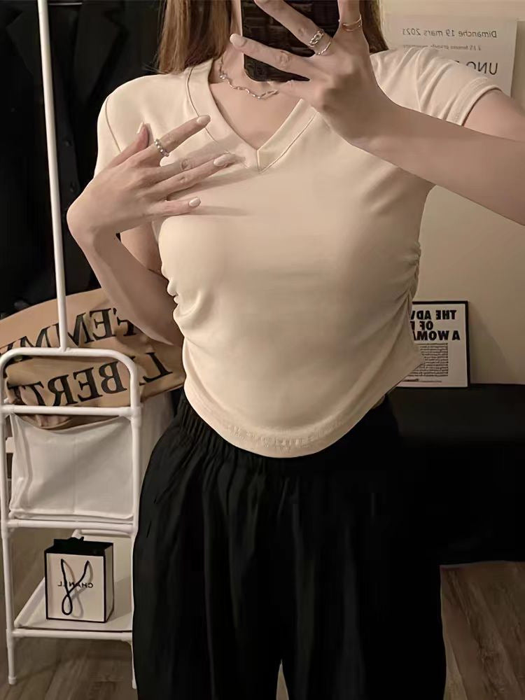 Cream Basic Solid V Neck T-Shirt