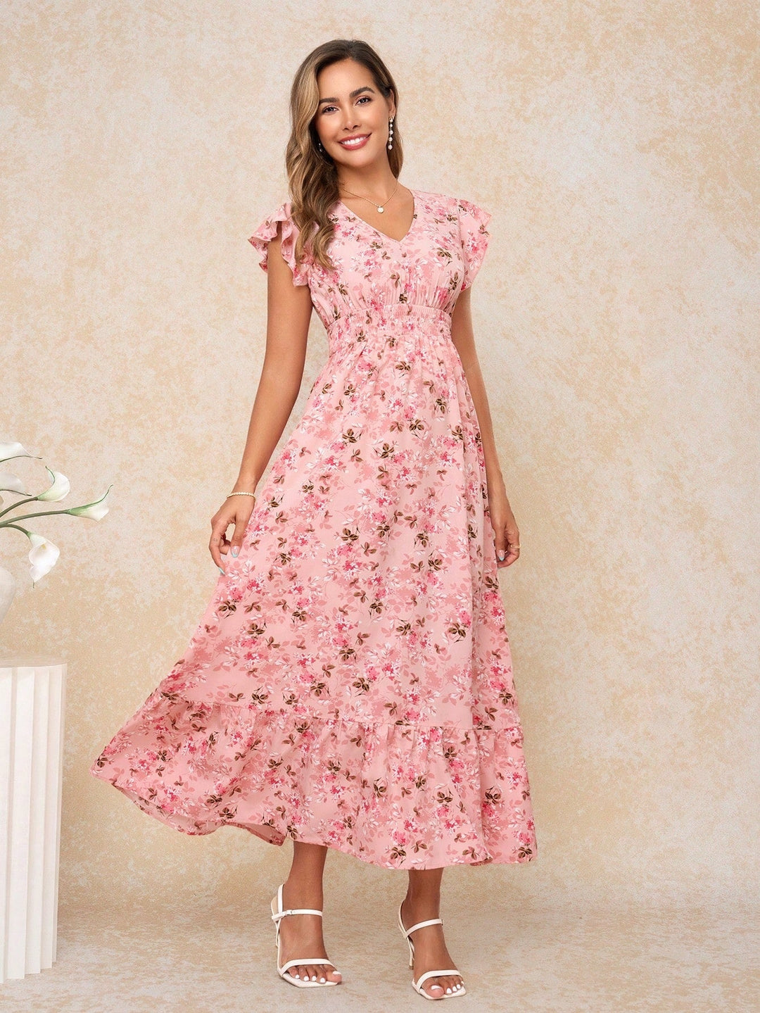 Pink Ruffle Sleeve V Neck Printed Dress