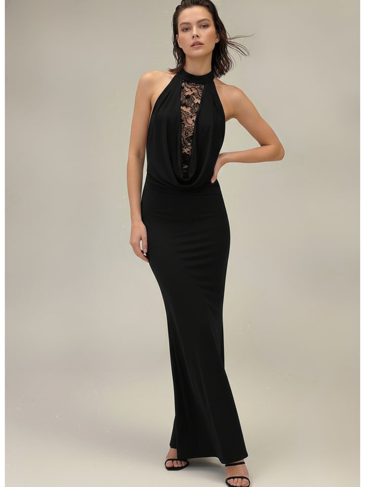 Black Halter Cowl Neck Lace Detail Dress
