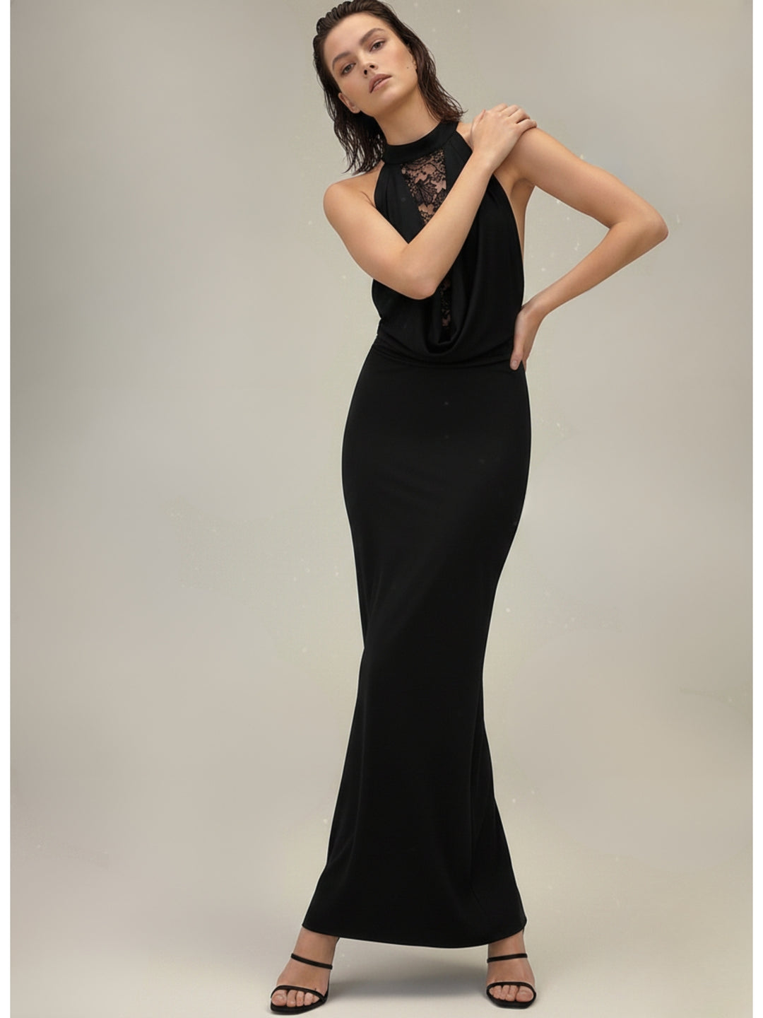 Black Halter Cowl Neck Lace Detail Dress