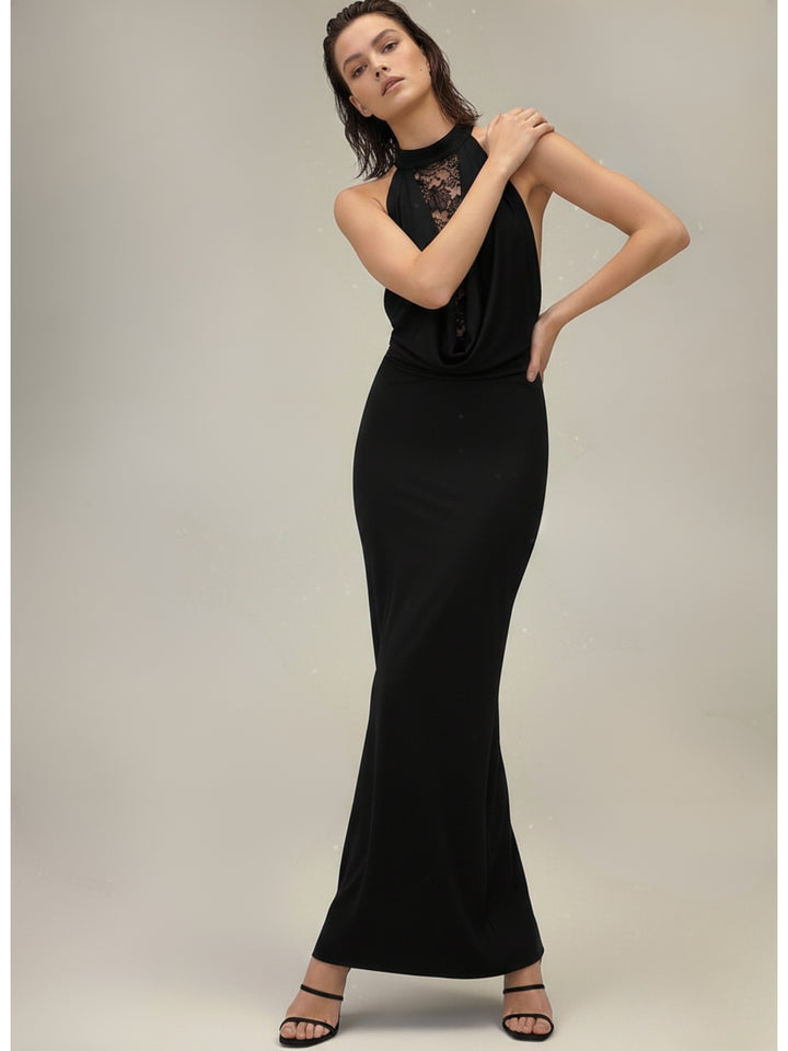 Black Halter Cowl Neck Lace Detail Dress