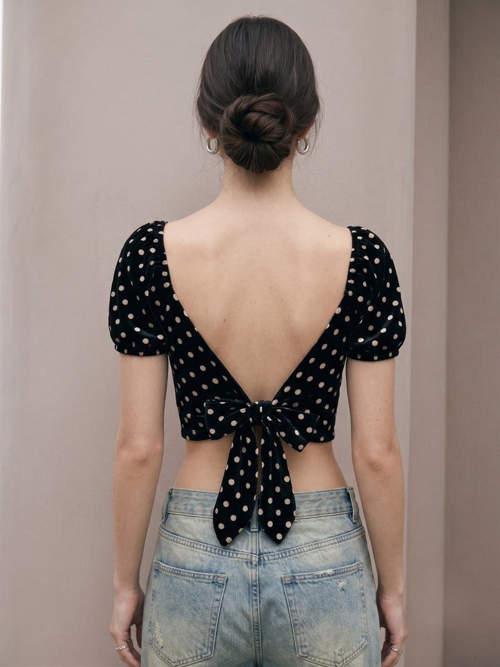 Black Sweetheart Neck Polka Dotted Back Tie Up Blouse