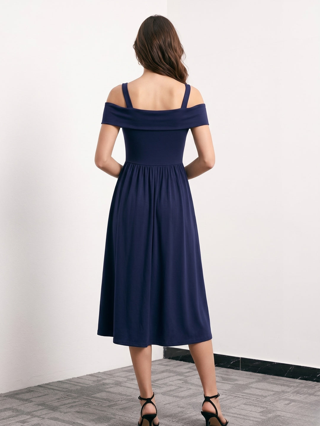 Navy Blue Cold Shoulder Fit & Flare Dress